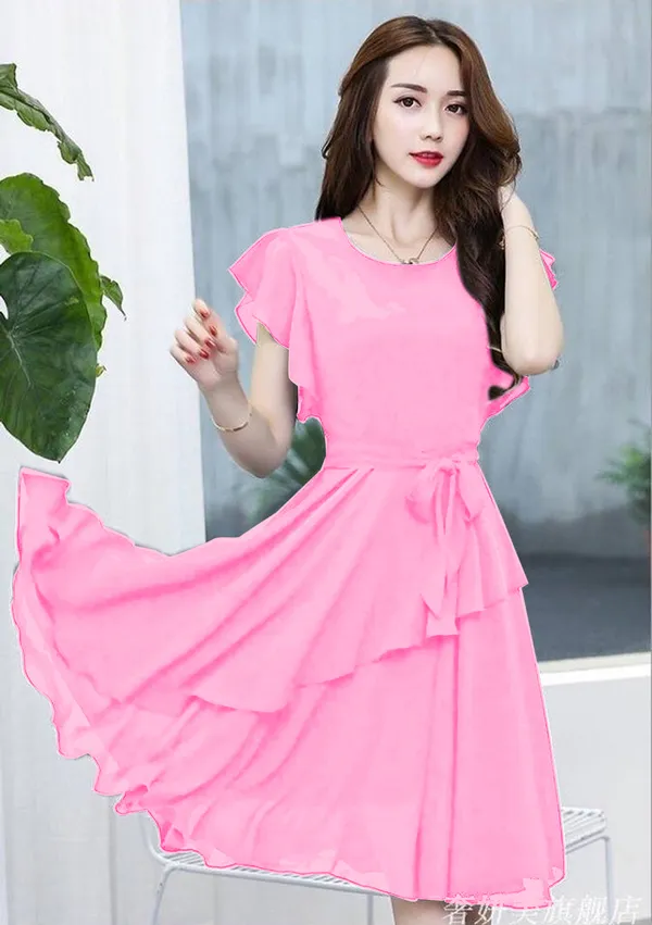 Pink_Solid_Knee_Length,_Fit_And_Flare_&_A-line