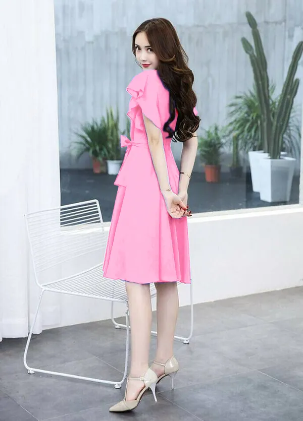 Pink_Solid_Knee_Length,_Fit_And_Flare_&_A-line