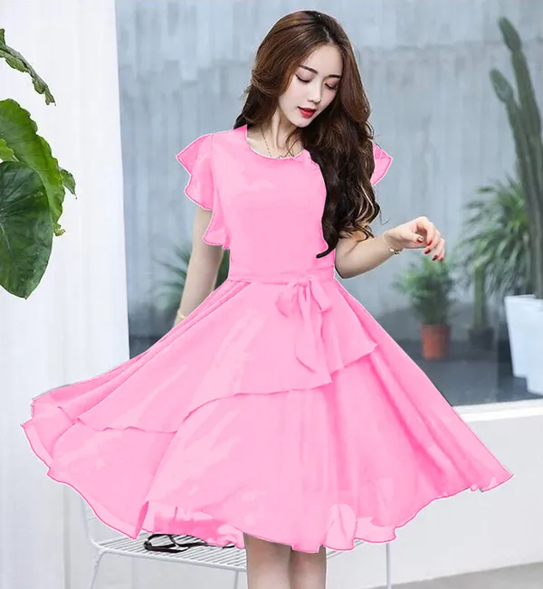 Pink_Solid_Knee_Length,_Fit_And_Flare_&_A-line