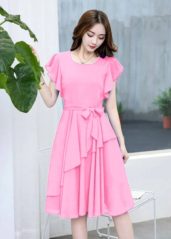 Pink_Solid_Knee_Length,_Fit_And_Flare_&_A-line