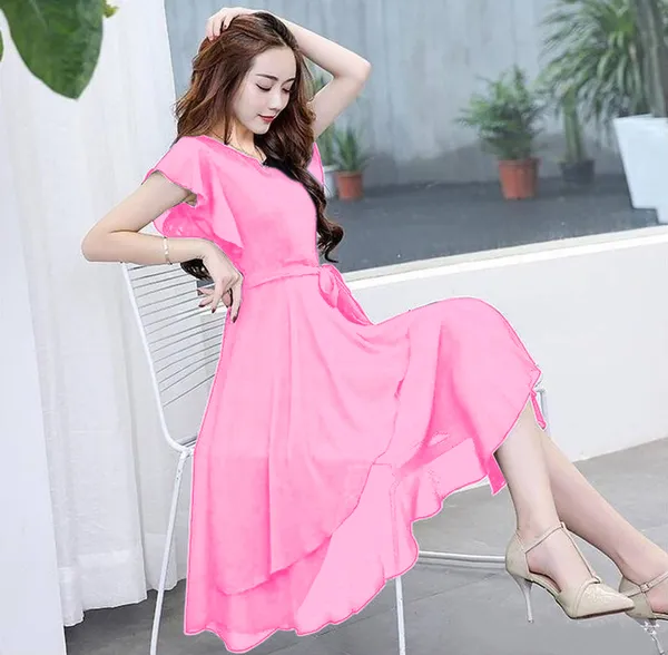 Pink_Solid_Knee_Length,_Fit_And_Flare_&_A-line