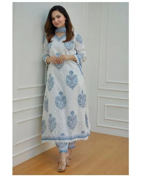 Blue_Cotton_Printed_Kurta_Pant_And_Dupatta_Set_For_Women