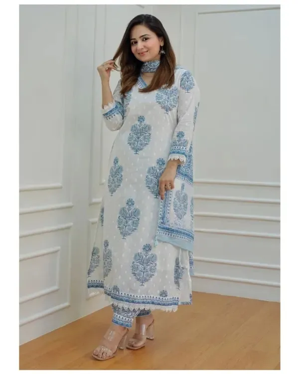 Blue_Cotton_Printed_Kurta_Pant_And_Dupatta_Set_For_Women