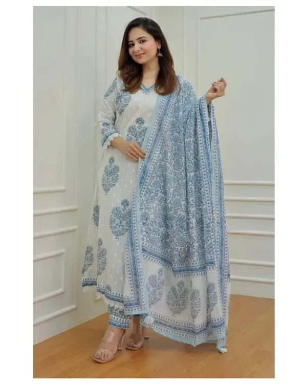 Blue_Cotton_Printed_Kurta_Pant_And_Dupatta_Set_For_Women