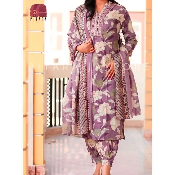 Purple_Cotton_Premium_Floral_Print_Kurta_Pant_And_Dupatta_Set_For_Women