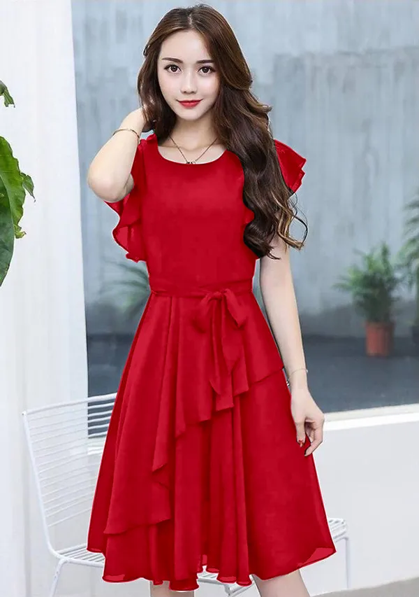 Red_Solid_Knee_Length,_Fit_And_Flare_&_A-line