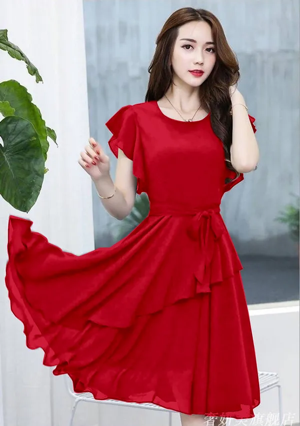 Red_Solid_Knee_Length,_Fit_And_Flare_&_A-line