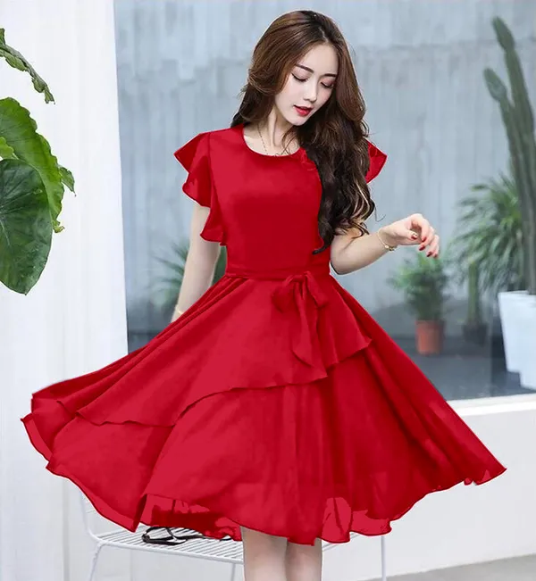 Red_Solid_Knee_Length,_Fit_And_Flare_&_A-line