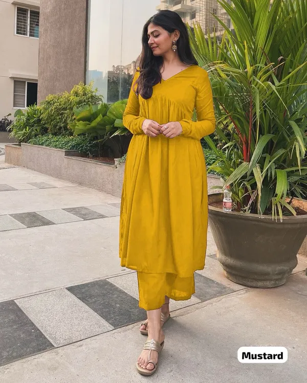 Mustard_Cotton_Alia_Cut_Gown_And_Pant_Set_For_Women