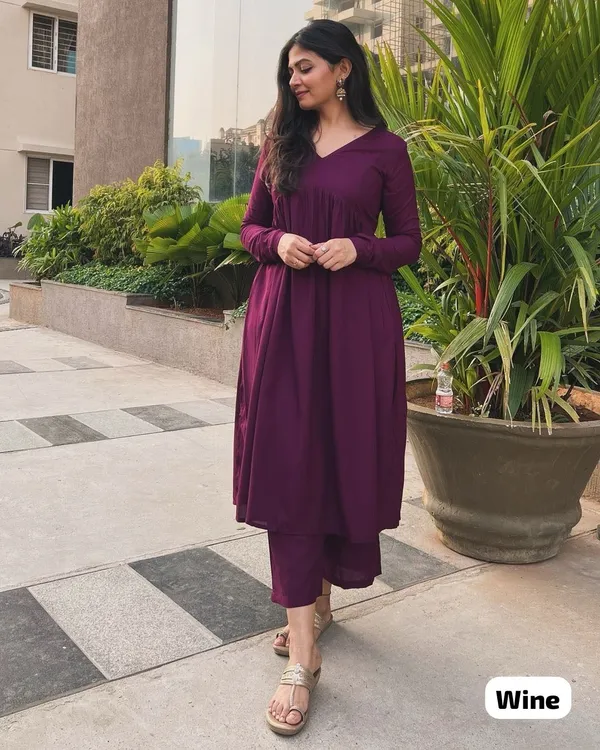 Wine_Cotton_Alia_Cut_Gown_And_Pant_Set_For_Women