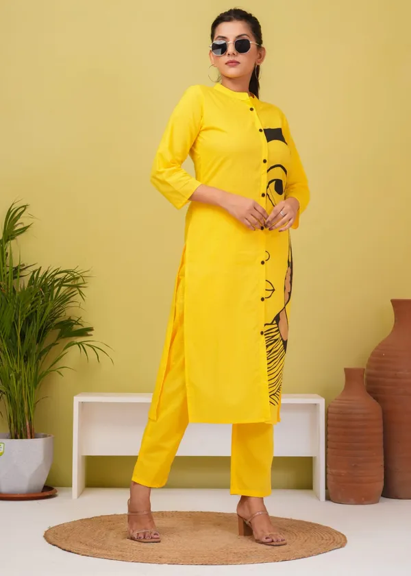 Yellow_Cotton_Regular_Fit_Solid_Kurta_Pant_Set_For_Women