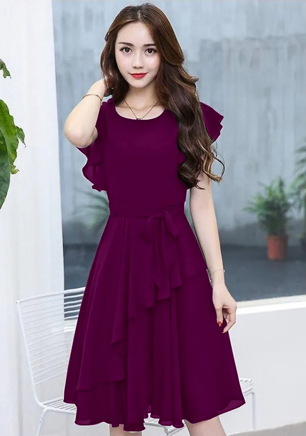 Wine_Solid_Knee_Length,_Fit_And_Flare_&_A-line