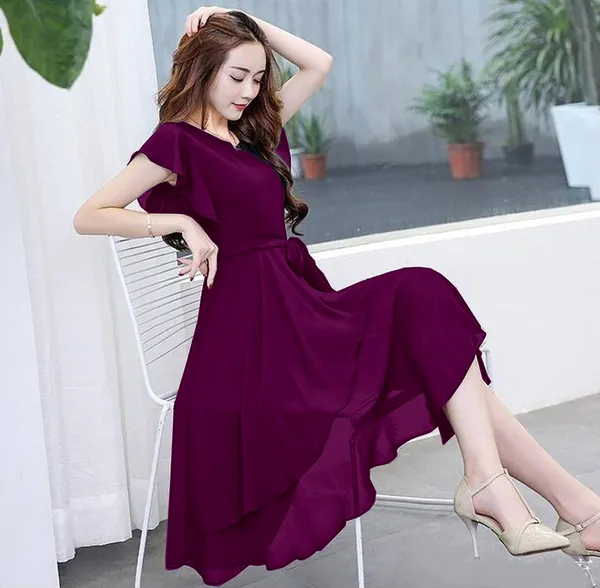 Wine_Solid_Knee_Length,_Fit_And_Flare_&_A-line