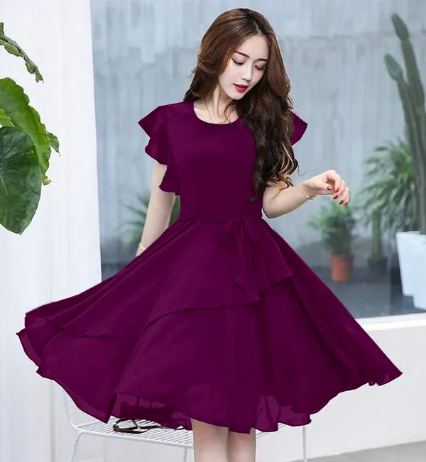 Wine_Solid_Knee_Length,_Fit_And_Flare_&_A-line