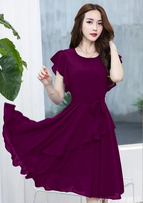 Wine_Solid_Knee_Length,_Fit_And_Flare_&_A-line