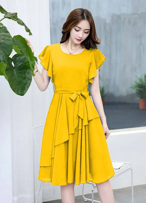 Yellow_Solid_Knee_Length,_Fit_And_Flare_&_A-line