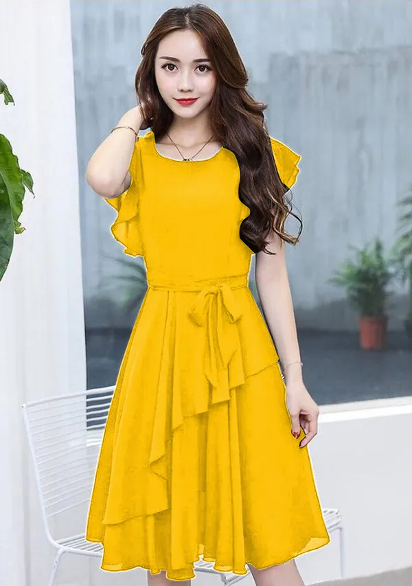 Yellow_Solid_Knee_Length,_Fit_And_Flare_&_A-line