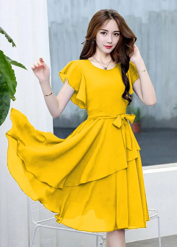 Yellow_Solid_Knee_Length,_Fit_And_Flare_&_A-line