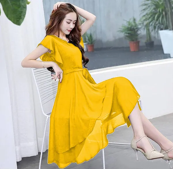 Yellow_Solid_Knee_Length,_Fit_And_Flare_&_A-line