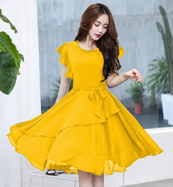 Yellow_Solid_Knee_Length,_Fit_And_Flare_&_A-line