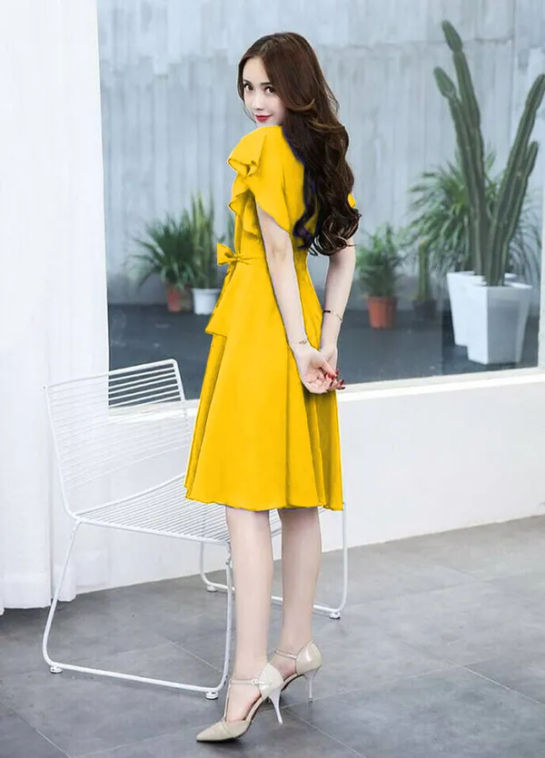 Yellow_Solid_Knee_Length,_Fit_And_Flare_&_A-line