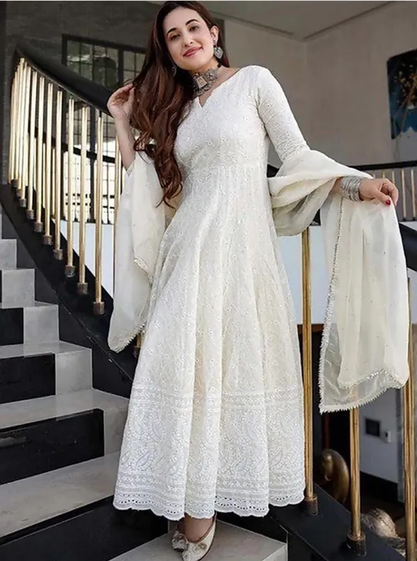 Off-White_Cotton_Chinkara_Anarkali__Kurta_With_Dupatta_Set_For_Women