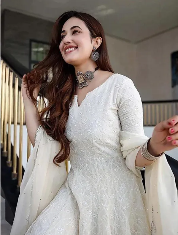 Off-White_Cotton_Chinkara_Anarkali__Kurta_With_Dupatta_Set_For_Women