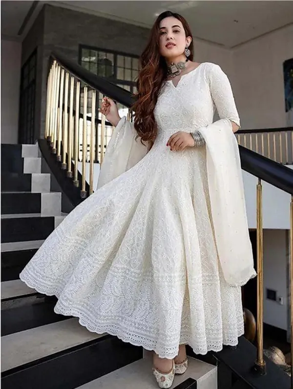 Off-White_Cotton_Chinkara_Anarkali__Kurta_With_Dupatta_Set_For_Women