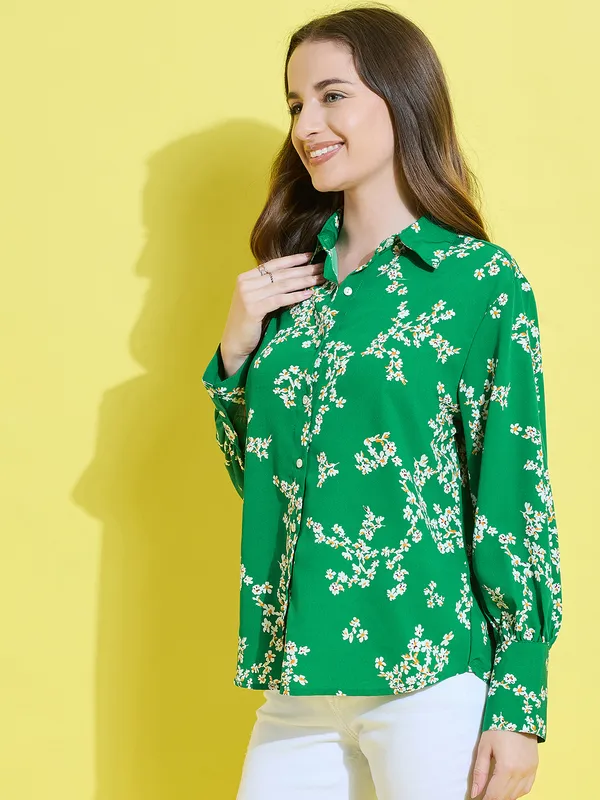 Green_Crepe_Full_Sleeve_Floral_Print_Tailored_Fit_Hip_Length_Shirt_For_Women