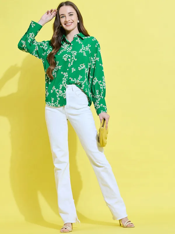 Green_Crepe_Full_Sleeve_Floral_Print_Tailored_Fit_Hip_Length_Shirt_For_Women