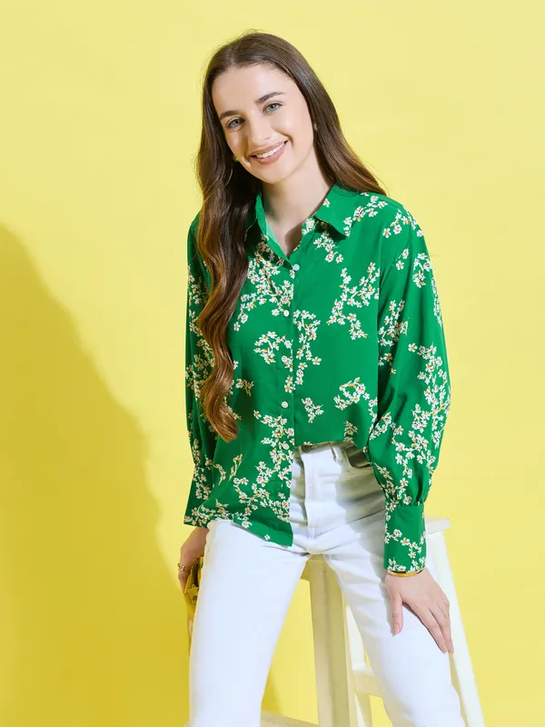Green_Crepe_Full_Sleeve_Floral_Print_Tailored_Fit_Hip_Length_Shirt_For_Women