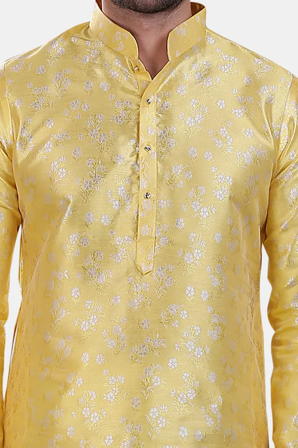 Floral_Print_Lemon_Jacquard_Kurta_With_Paijama