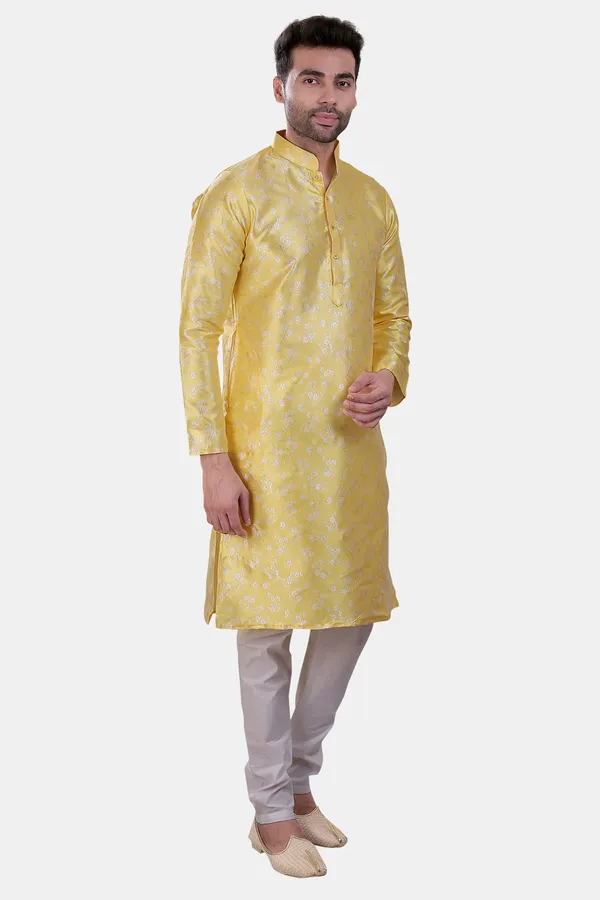Floral_Print_Lemon_Jacquard_Kurta_With_Paijama