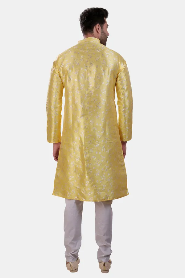 Floral_Print_Lemon_Jacquard_Kurta_With_Paijama
