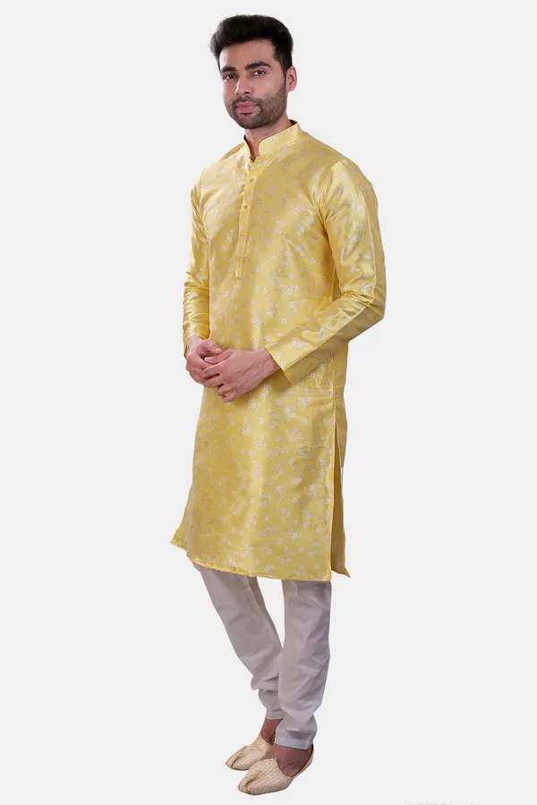 Floral_Print_Lemon_Jacquard_Kurta_With_Paijama