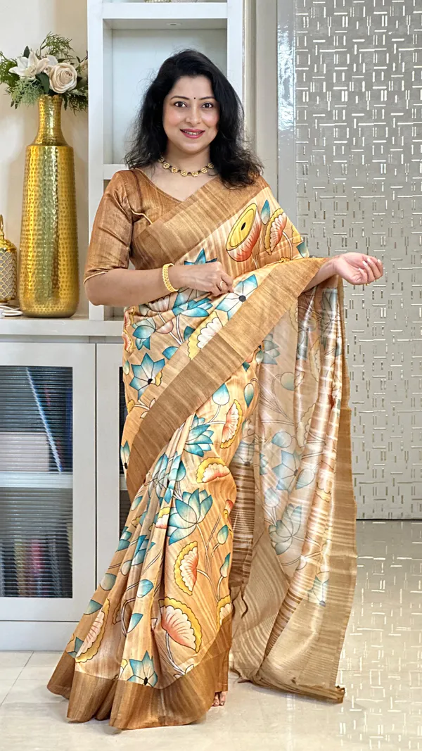 Darika_Mehendi_Green_–_Navratri_Special_|_Soft_Tussar_Silk_Saree_with_Print,_Pallu_&_Zari_Border_&_Contrast_Print_Blouse_with_Tassels
