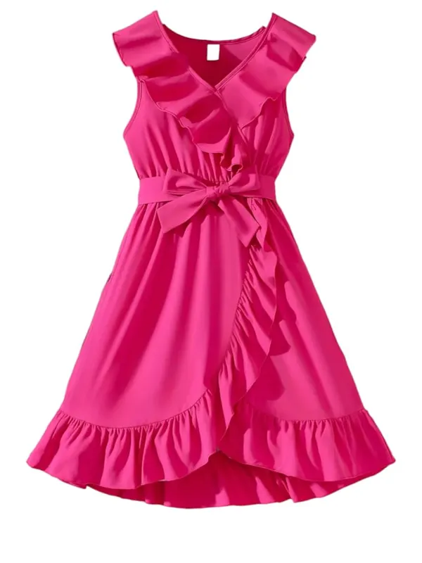 Magenta_Cotton_Solid_V-Neck_Dress_For_Girls