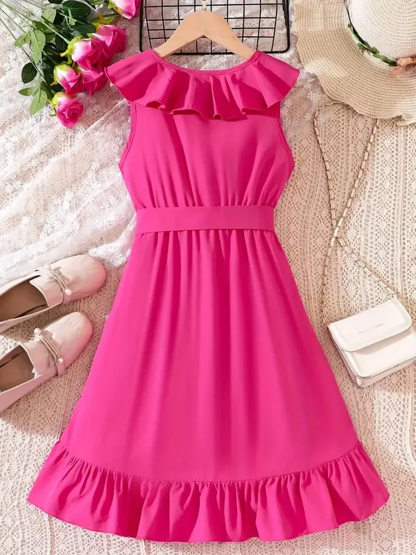 Magenta_Cotton_Solid_V-Neck_Dress_For_Girls