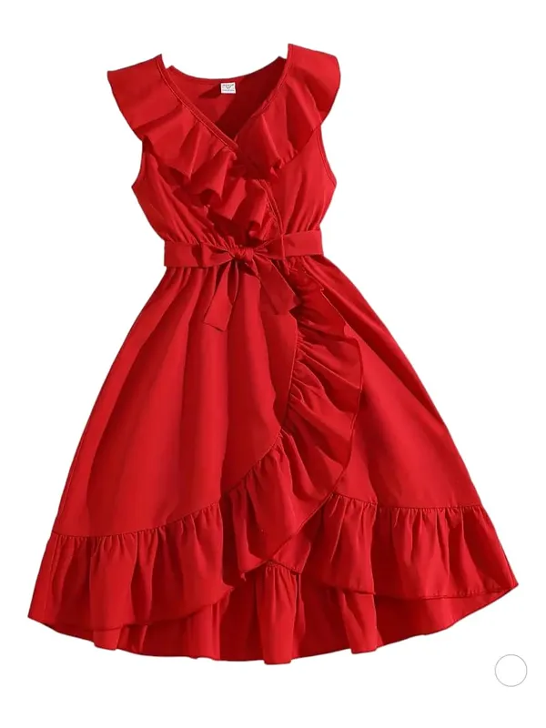 Red_Cotton_Solid_V-Neck_Dress_For_Girls