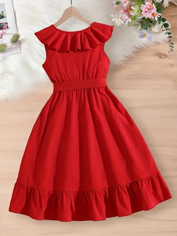 Red_Cotton_Solid_V-Neck_Dress_For_Girls