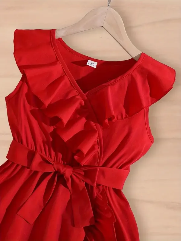Red_Cotton_Solid_V-Neck_Dress_For_Girls