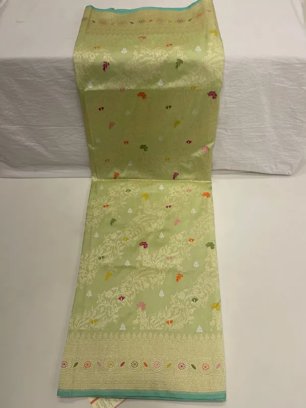 Humairah_Pure_Handloom_Pista_Green_Katan_Silk_Kadhwa_Meenakari_Jangla_Aada_Zari_Jaal_with_Kadhwa_Zari_Border_and_Matching_Stripe_Pista_Blouse