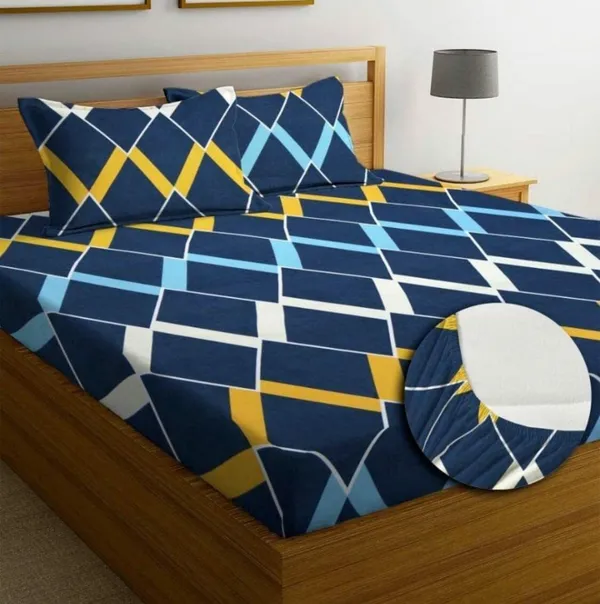 220TC_Elastic_Fitted_100%_Cotton_Feel_Printed_King_Size_Double_Bed_Bedsheet_with_2_Pillow_Cover_(72"x78"_Upto_6"_Mattress)_Blue_Boxes