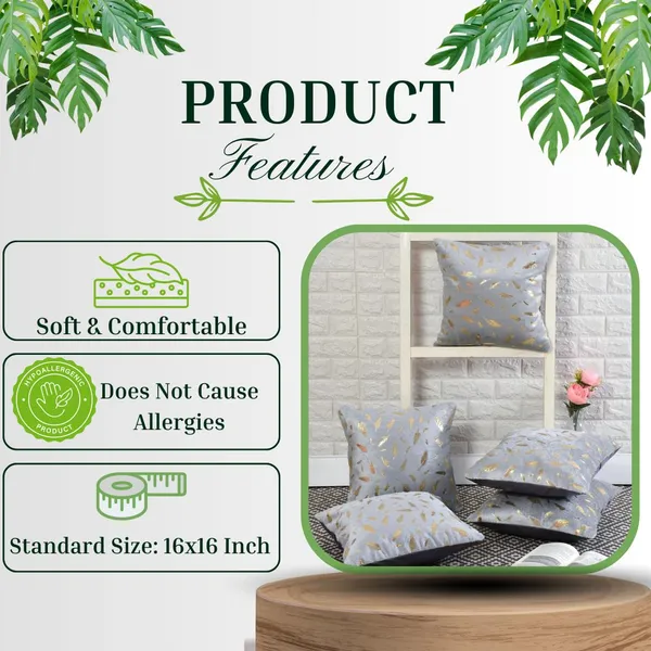 16x16_Inch_Velvet_Cushion_Covers_Set_of_5_Pcs,_Soft_Decorative_Faux_Fur_Throw_Pillow_Covers_with_Golden_Feather_Print_for_Sofa,_Couch,_Bed,_Living_Room_-_Grey-250_TC