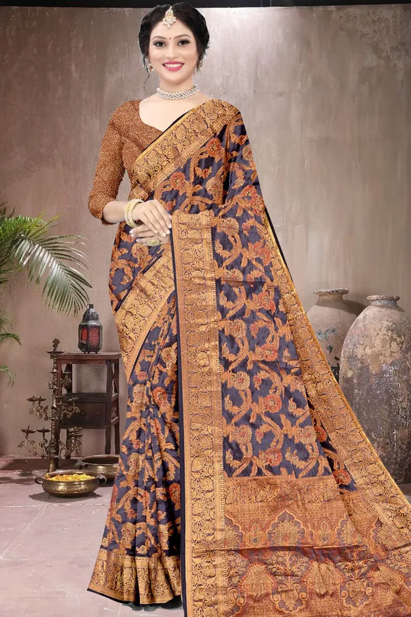 Organza_Grey_Color_Jacquard_Woven_Design_Banarasi_Stlye_recommended_for_Wedding,_Party_&_Festival,_Zari_Woven_Saree_for_Women