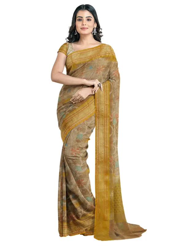 Peach_Cotton_Blend_Banarasi_Sarees_For_Women