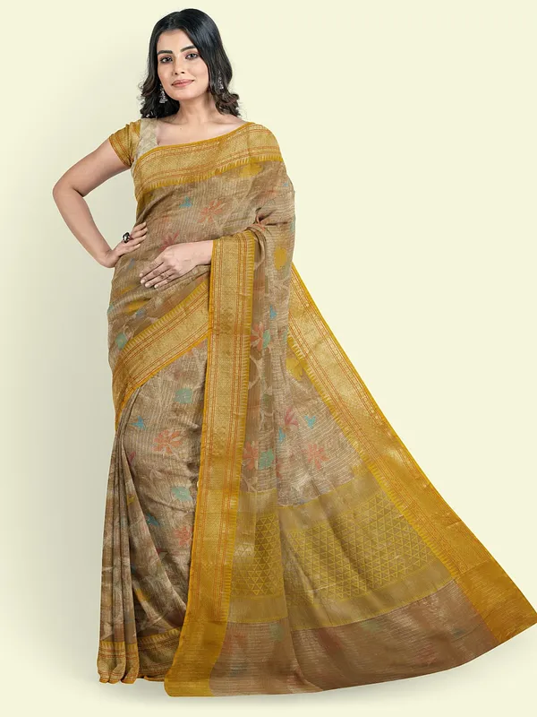 Peach_Cotton_Blend_Banarasi_Sarees_For_Women