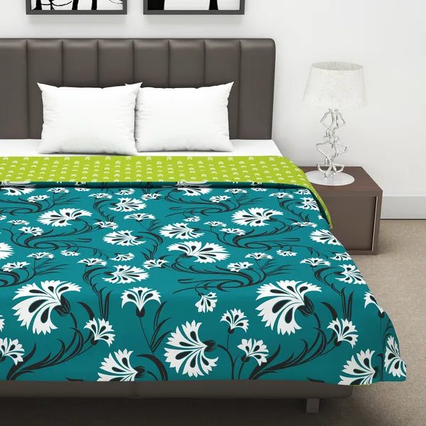 Floral_Double_Dohar_for_Mild_Winter_(Polyester,_Turquoise_Blue_and_Lime_Green)