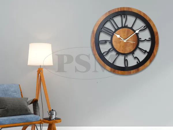 LASER_CUT_WOODEN_WALL_CLOCK_IVORY_BLACK_15_INCH_ROUND_PSM_1101