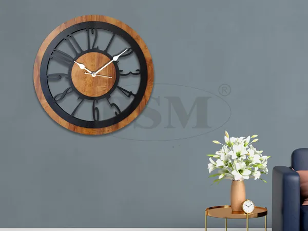 LASER_CUT_WOODEN_WALL_CLOCK_IVORY_BLACK_15_INCH_ROUND_PSM_1101